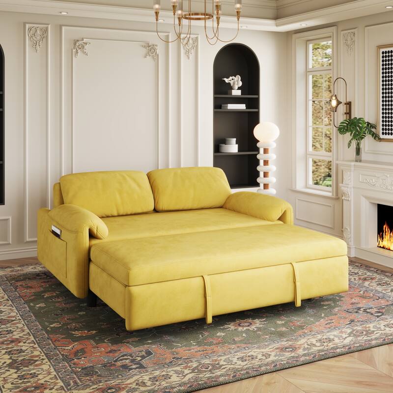 54" Yellow Velvet Convertible Loveseat Sleeper Sofa, Pull out Sofa Bed